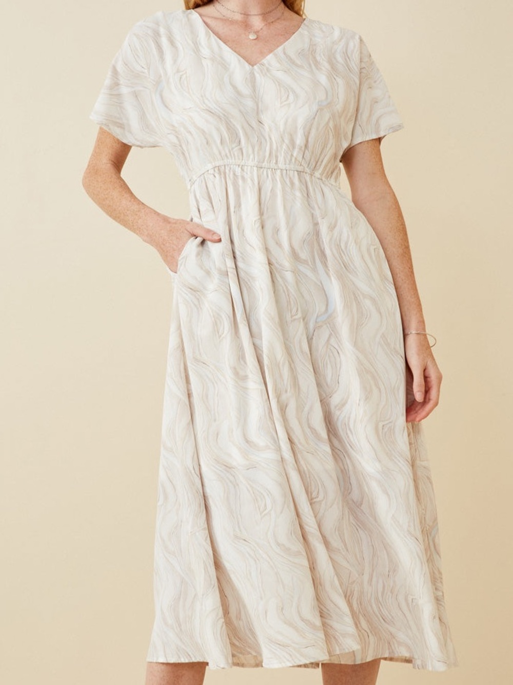 Cream Swirl V-Neck Midi Dress